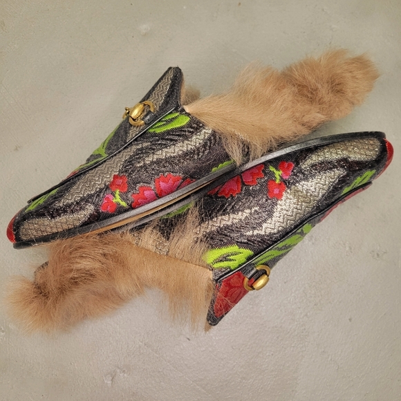 RE: Gucci Princetown Brocade Fur Trim Mules Size 36.5 Loafers Floral Jacquard - Picture 7 of 13